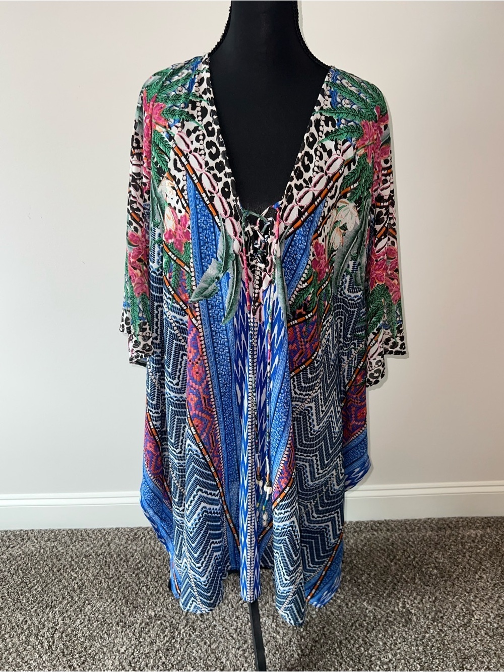 Violet Sky Women's Floral blue, pink, and grey cover-up tunic caftan